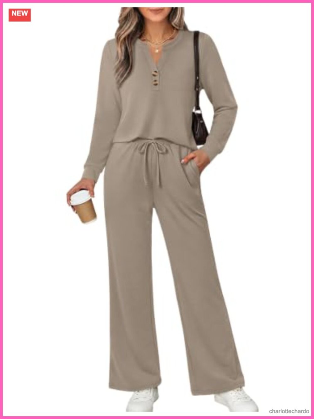 Women's Two Piece Lounge Set Long Sleeve Wide Leg Pants Travel Vacation Outfit